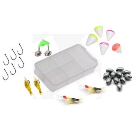 Kit Pesca Estojo Chumbada Anzol isca camarão de silicone Bóias e Sino / alarme c/ 2 guizos